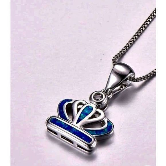 BLUE OPAL N SILVER CROWN NECKLACE - Picture 1 of 9